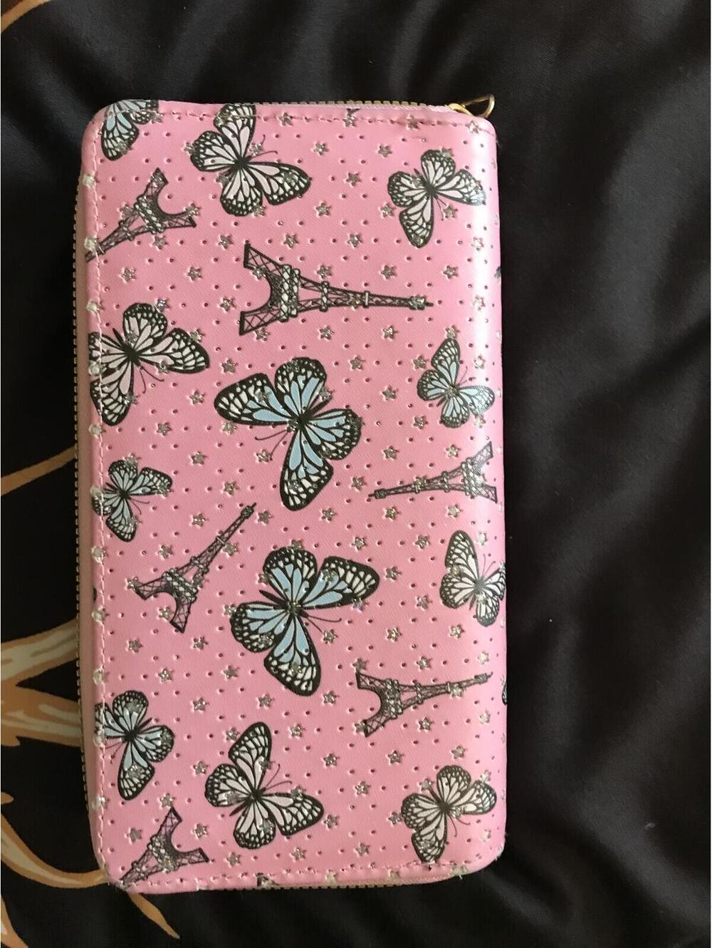 Pink Butterfly and Eiffel Tower Zip-Around Wallet